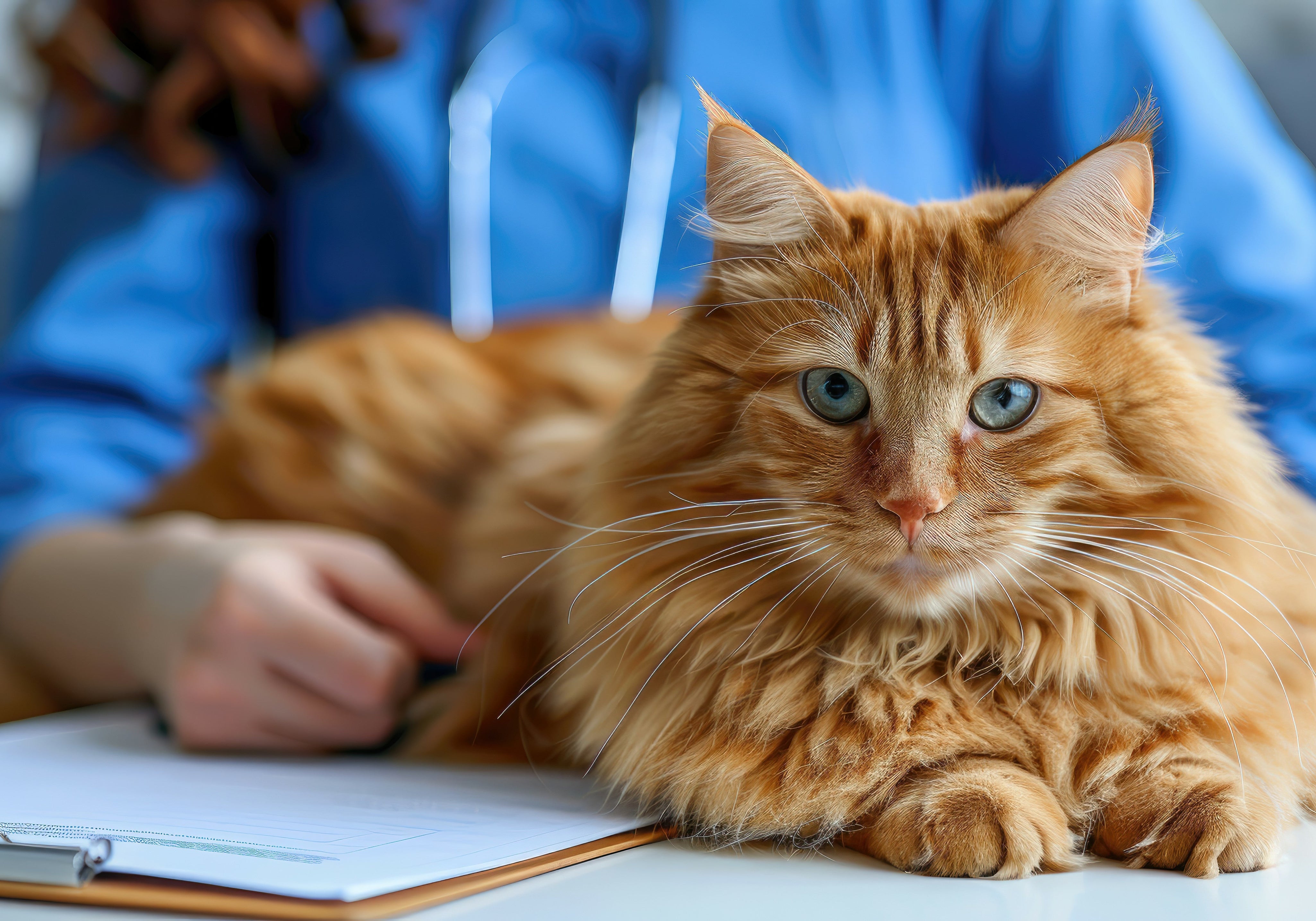 Cat helping vet fill out form