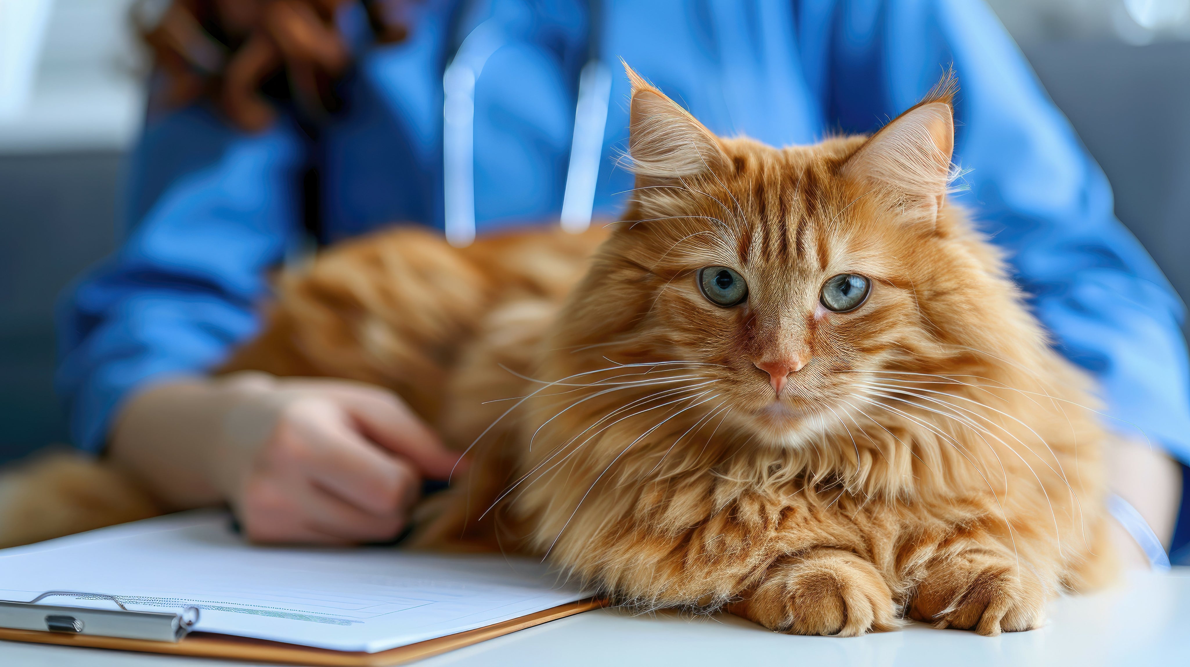 Cat helping vet fill out form